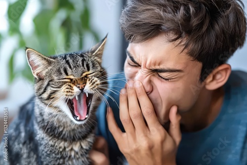 Individual suffers from cat allergy symptoms while at home. photo