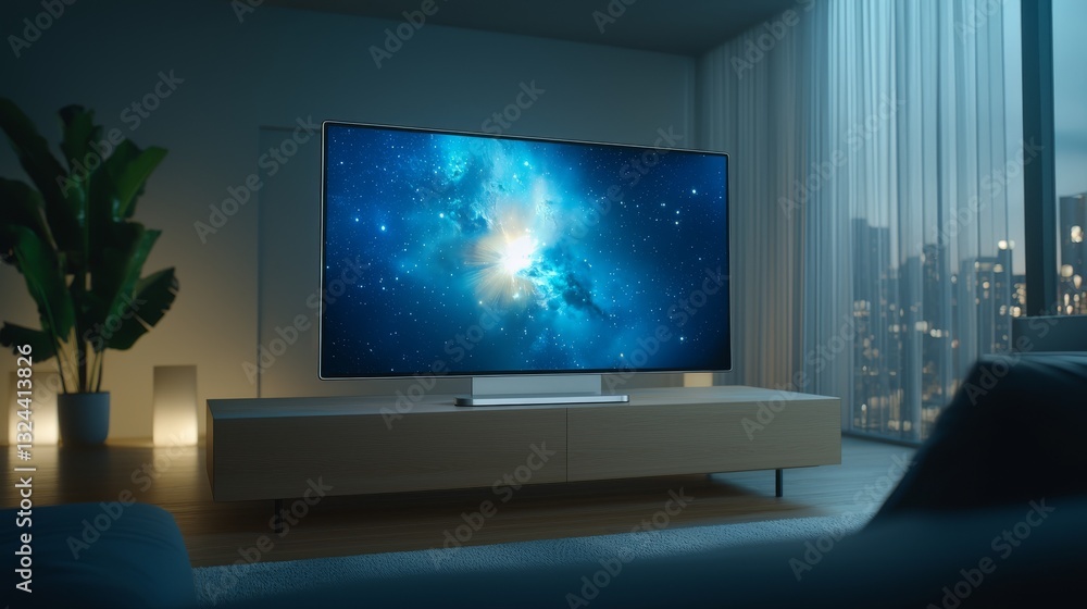 Fototapeta premium Modern living room interior design, stylish tv stand and furniture arrangement ideas for a cozy home