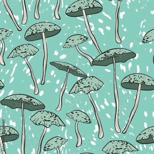 Seamless pattern with mushrooms. Hand drawn vector illustration. Vegan food menu. Poisonous and edible mushroom. Autumn mushroom picking, forest plant sketches.