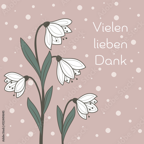Vielen lieben Dank - Schriftzug in deutscher Sprache. Quadratische Karte mit weißen Blumen auf rosafarbenem Hintergrund mit Punkten.