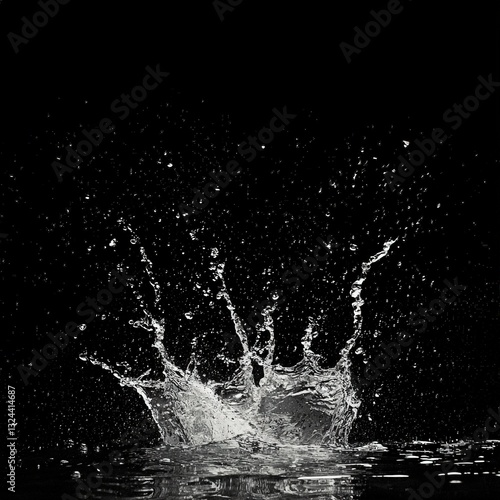 Dynamic water splash freezing in motion against a dramatically dark black background