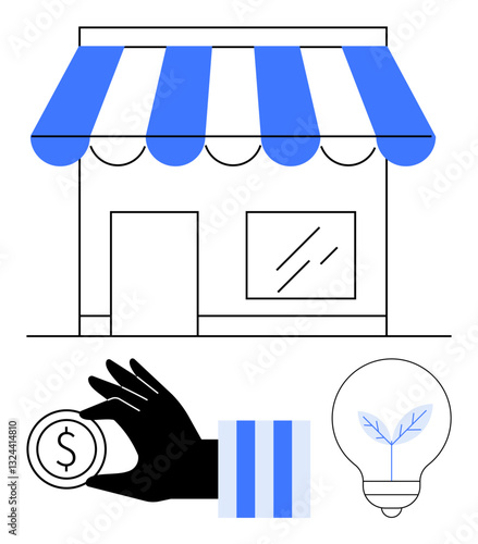 Storefront with striped awning, hand holding coin symbolizing commerce, lightbulb with leaf representing eco-friendly ideas. Ideal for retail, entrepreneurship, finance, sustainability, investment
