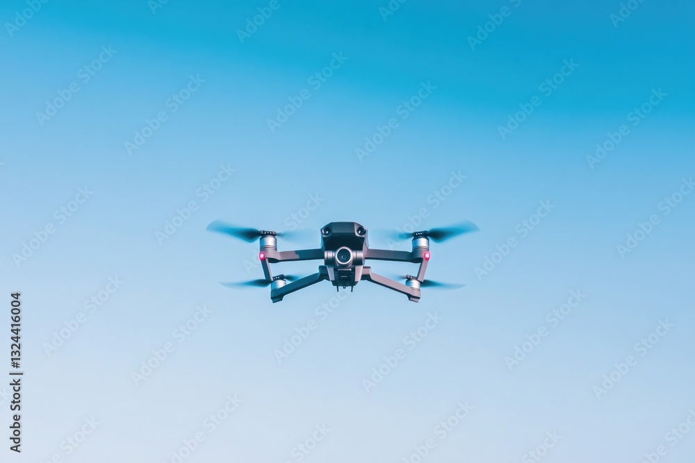 capture of sleek modern drone hovering against clear blue sky showcasing its intricate propeller system precision engineering capture of sleek modern drone hovering against clear blue sky showcasing its intricate propeller system precision engineering