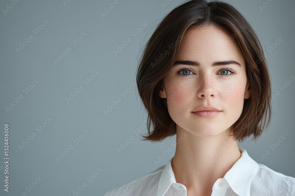 Young woman with short brown hair and blue eyes poses against a neutral background in a white button-up shirt Young woman with short brown hair and blue eyes poses against a neutral background in a white button-up shirt