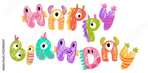 Monster birthday Party. Monster or Dinosaur lettering. Bright modern illustration for kids, nursery, poster, card, birthday party, packaging paper design. Vector cartoon crayon colorful illustration