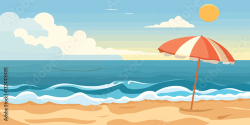 Sunny beach with umbrella and ocean waves flat vector illustration