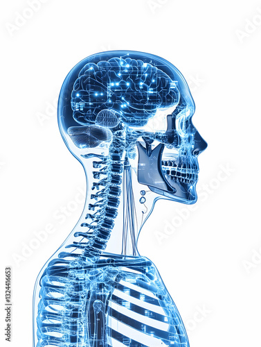 Detailed anatomical illustration of the human head and neck, showcasing the intricate structure of the skull, spine, and brain