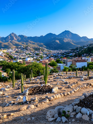 Desert town nestled in mountains, with a cemetery in the foreground