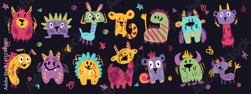 Cute crayon monster set, doodle spooky kids creature, colorful hand drawn pencil illustration. Monster drawing for kids or children notes or cover design