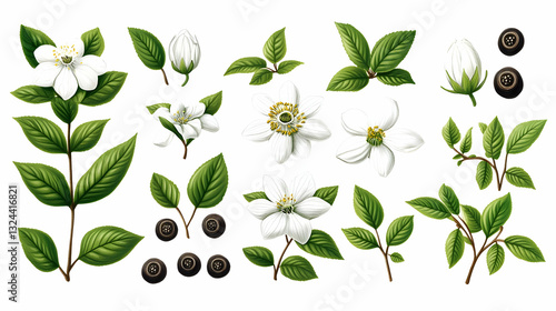 Detailed botanical illustration of flowering plants and berries