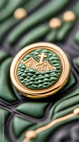 Detailed close-up of a decorative button with a religious symbol