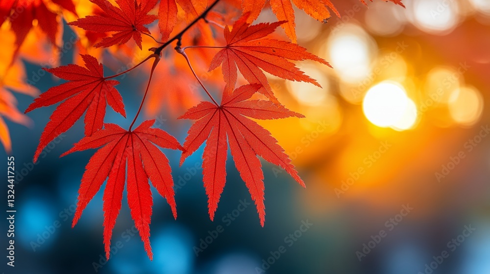 Red Maple Leaf Display with Bokeh Effect and Golden Light Backdrop Red Maple Leaf Display with Bokeh Effect and Golden Light Backdrop