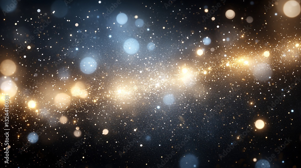 Glowing Golden Glittering Dust Particles Against Dark Sky Background with Bokeh Glowing Golden Glittering Dust Particles Against Dark Sky Background with Bokeh