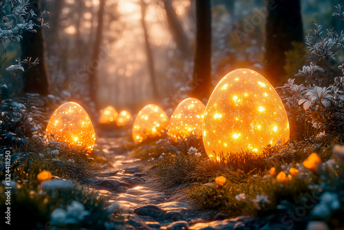 Obraz na płótnie Glowing Easter eggs in enchanted forest, fantasy Easter concept w salonie