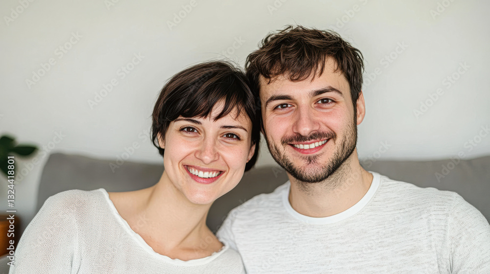 Smiling couple posing together in cozy indoor setting. Smiling couple posing together in cozy indoor setting.