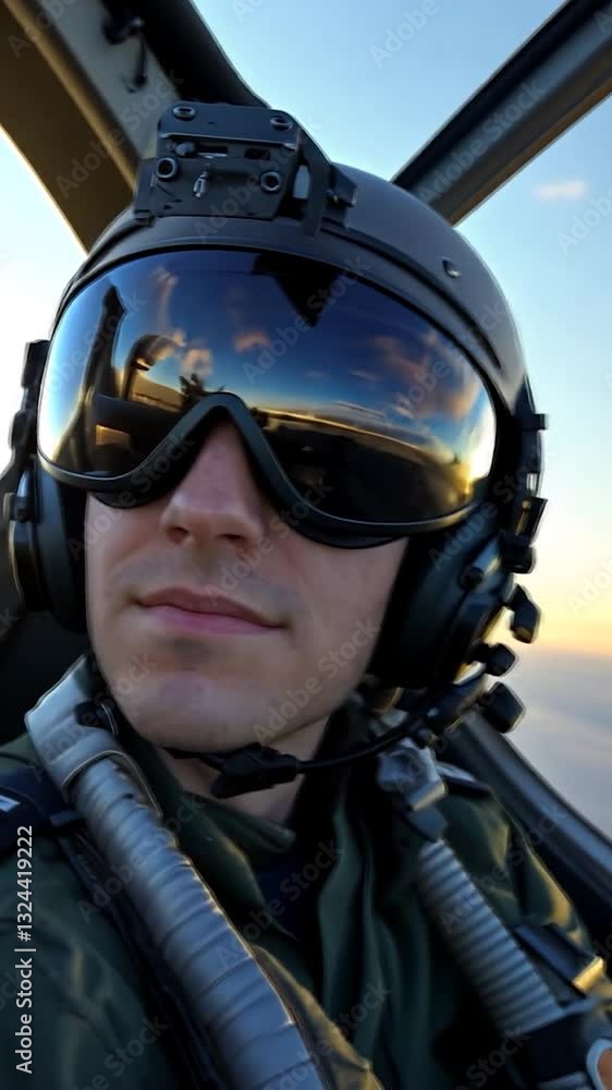 Pilot in cockpit during sunset flight, showcasing advanced technology and serene sky background
