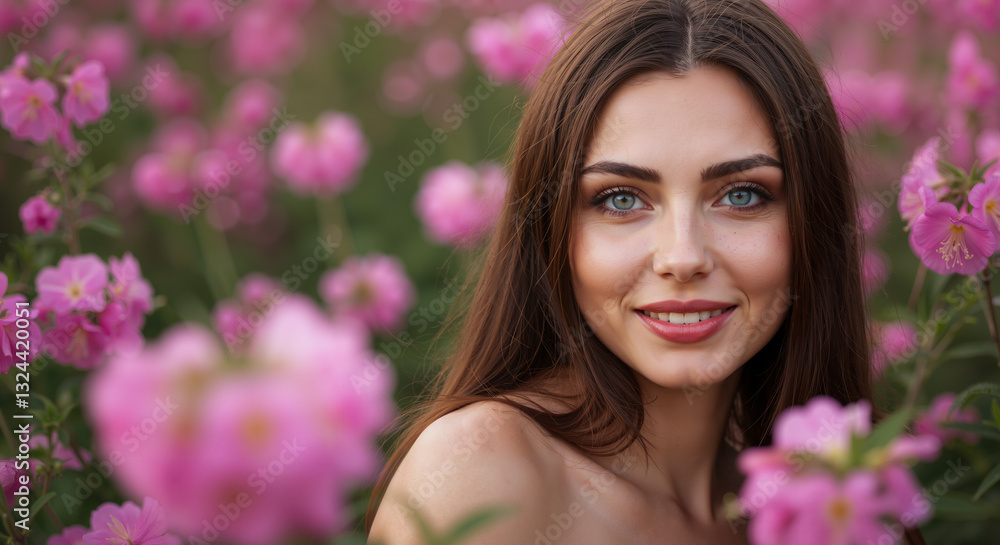 Beauty of spring with a pretty European girl with blue eyes sitting in a blooming pink flower meadow Beauty of spring with a pretty European girl with blue eyes sitting in a blooming pink flower meadow