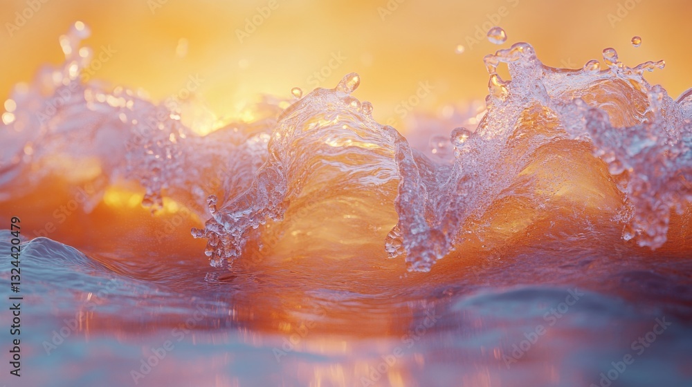 Fototapeta premium Breaking ocean wave with golden sunlight reflecting at the beach