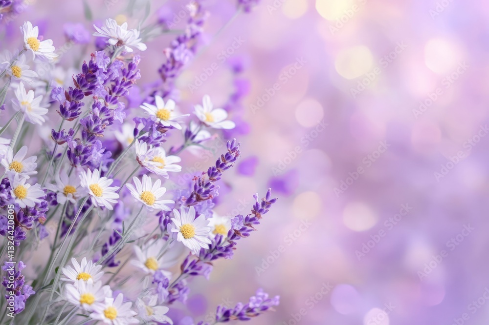 Obraz premium Delicate Lavender and White Daisy Flowers on a Soft Purple Background with Bokeh Effect