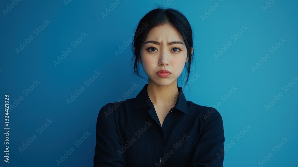 Portrait of displeased offended young Asian woman with dark hair keeps arms folded looks angrily aside doesnt agree with somebodys opinion wears neat clothes isolated over blue studio background