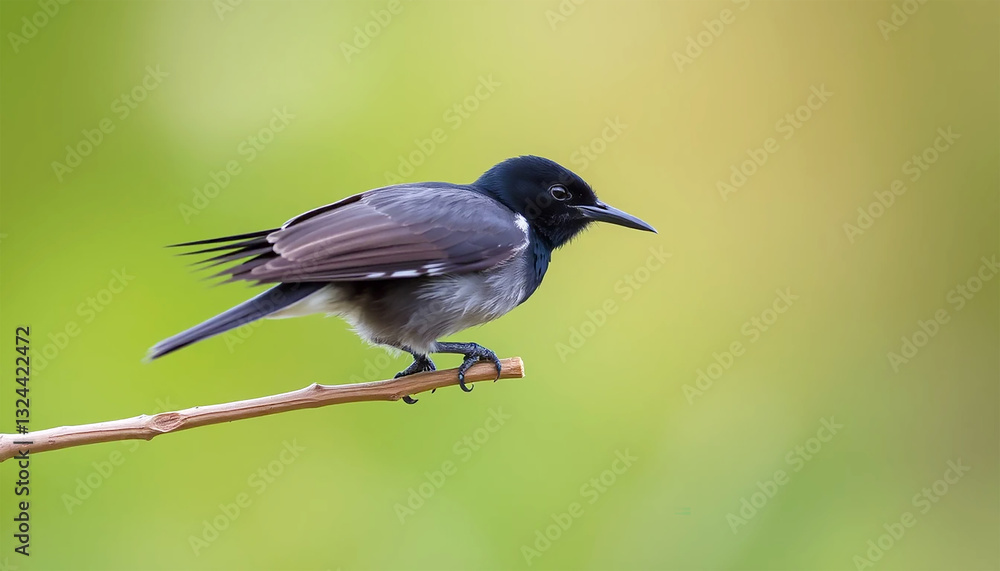 Obraz premium A Sleek, Grey-and-black Bird Perches Delicately On A Slender Branch, A Moment Of Tranquil Beauty Captured Against A Soft, Verdant Background