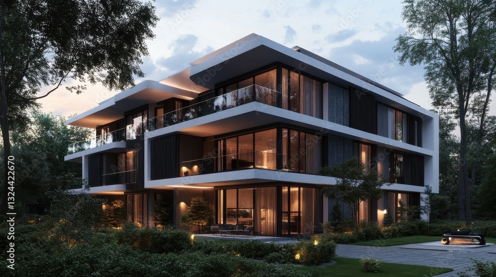 A four-story apartment building with a modern design A four-story apartment building with a modern design
