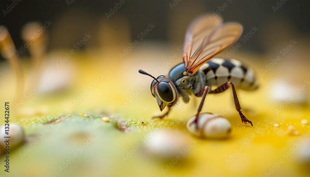 Fototapeta premium A Striking Checkered Wasp Explores A Vibrant Yellow Pollen-dusted Surface, Showcasing Its Intricate Details And Elegant Posture Under Soft, Natural Light