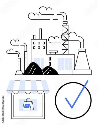 Industrial factory emitting smoke, retail shopfront with shopping bag, checkmark for quality. Ideal for sustainability, production, retail, business ethics, quality control, environmental awareness