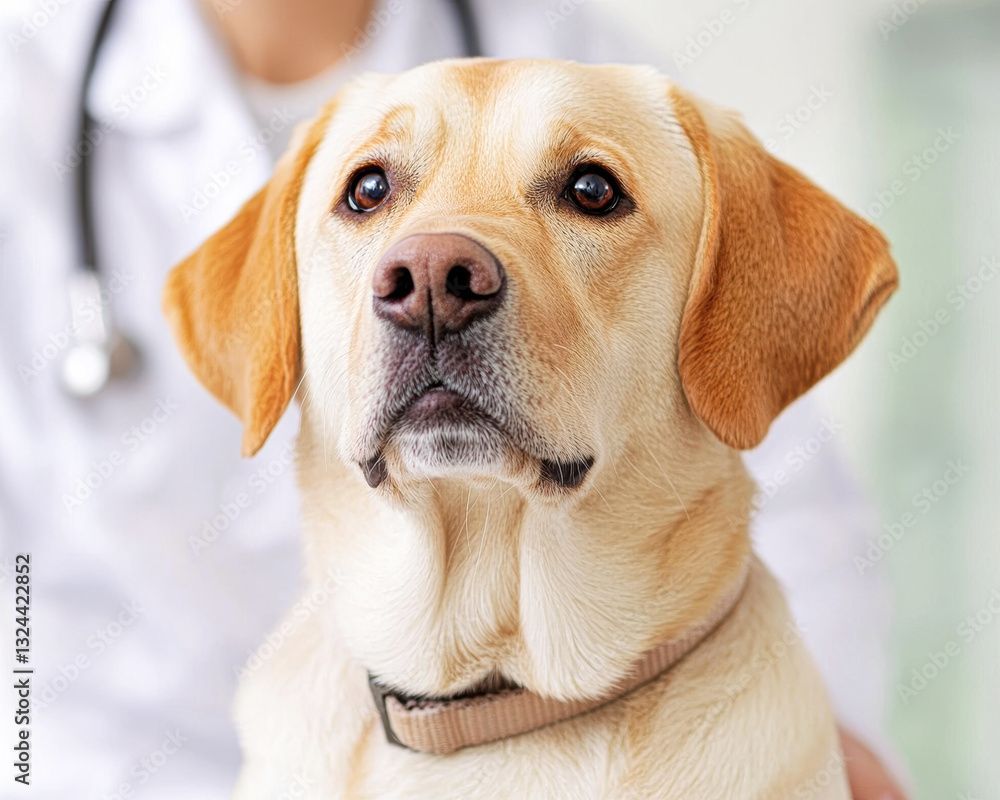 Labrador retriever with a veterinarian in a clinical setting. Labrador retriever with a veterinarian in a clinical setting.