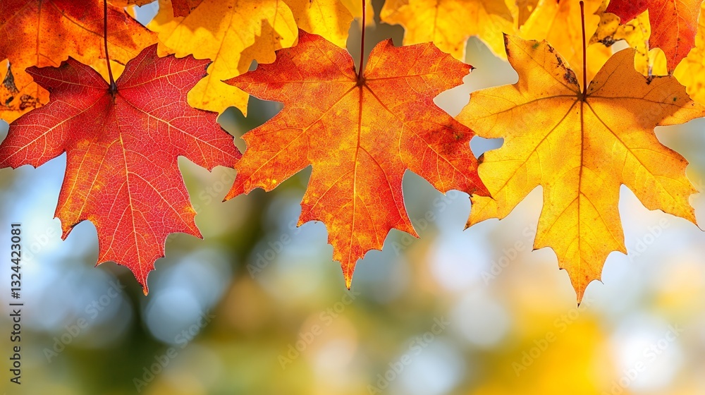 Fototapeta premium Colorful Maple Leaves Hanging in Autumn with Bokeh Background