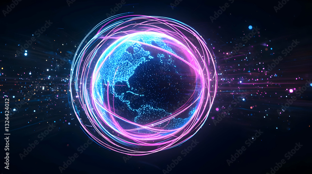 Obraz premium Rotating Glowing Digital Globe With Futuristic Pink And Blue Neon Light Streaks In Dark Background With Pixelated Effect For Technology Related