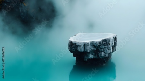 Wispy clouds of white fog delicately cascading over a glassy onyx surface conveying a sense of tranquility and stillness captured with a medium format film a dreamlike photo