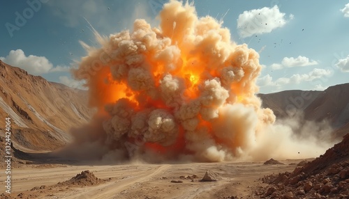 Dramatic blast explosion occurs quarry among mountains. Orange burst, cloud smoke, dust, rock, earth. Heavy industrial power, energy, destruction after detonation with dynamite at open mine site.