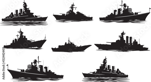 Warship navy silhouettes set, large pack of vector silhouette design, isolated vector illustration