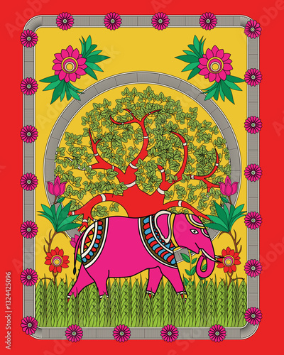 Madhubani Art Decor: Elephant and Tree - A Symbol of Strength and Growth.