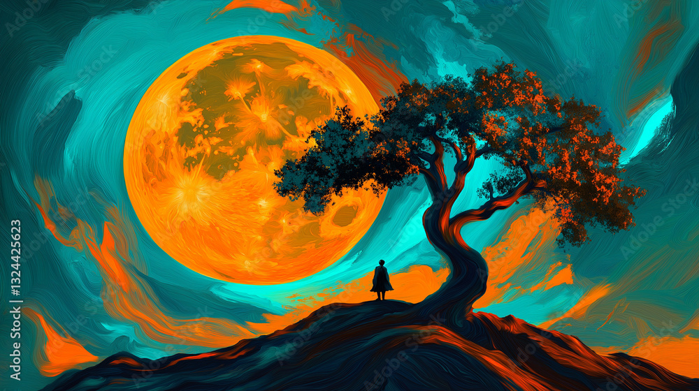 Fototapeta premium Silhouette Under the Celestial Canopy: A solitary figure stands in quiet contemplation beneath a vibrant, surreal moon and a windswept tree atop a hill.