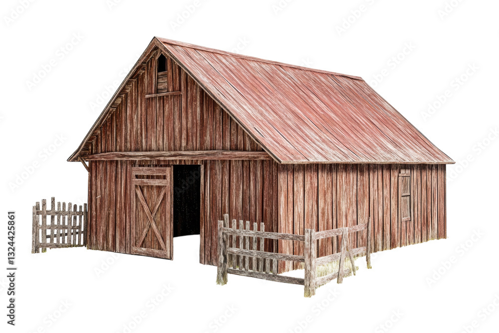 Charming rustic wooden barn surrounded by a simple fence in a tranquil rural setting isolated on transparent background Charming rustic wooden barn surrounded by a simple fence in a tranquil rural setting isolated on transparent background