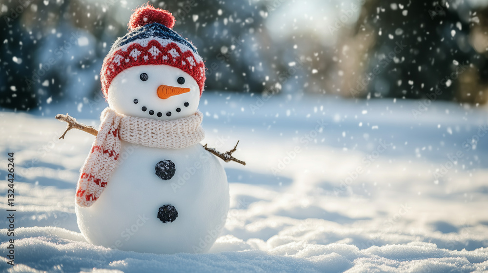 Obraz premium Adorable Snowman Wearing Knit Hat And Scarf In Snow. 