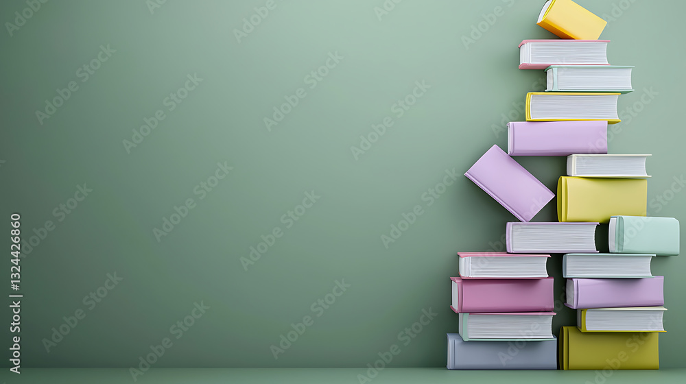 Fototapeta premium Colorful stack of books on a green background some books slightly tilted creating a whimsical library aesthetic.