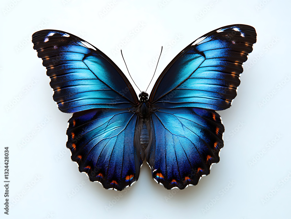 Fototapeta premium A vibrant blue butterfly wings fully extended showcasing intricate patterns and delicate details against a clean bright background.