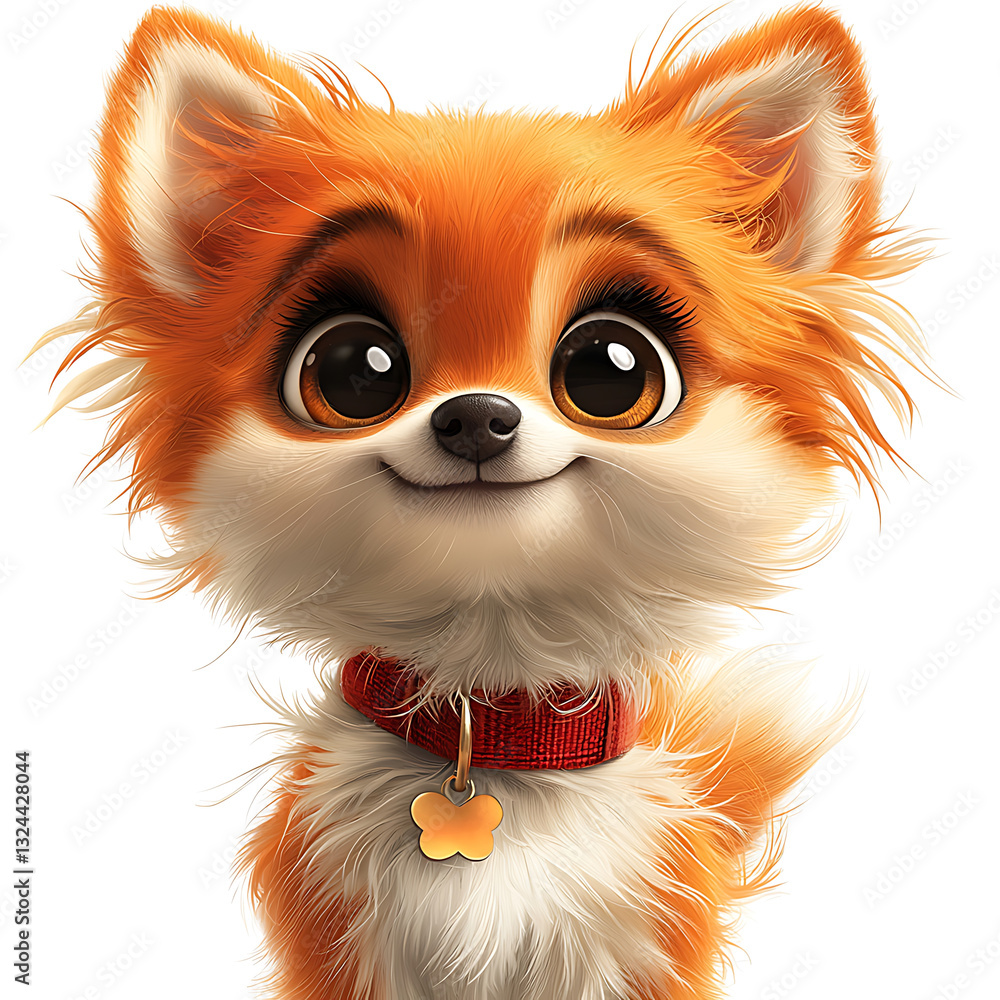 Obraz premium Cute cartoon dog with big eyes a fluffy orange and white coat wearing a red collar smiles sweetly.