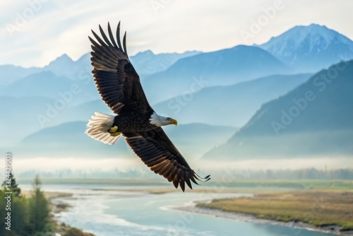 Wallpaper Mural Majestic eagle soaring over serene mountain landscape at dawn nature photography tranquil environment aerial view wildlife concept Torontodigital.ca