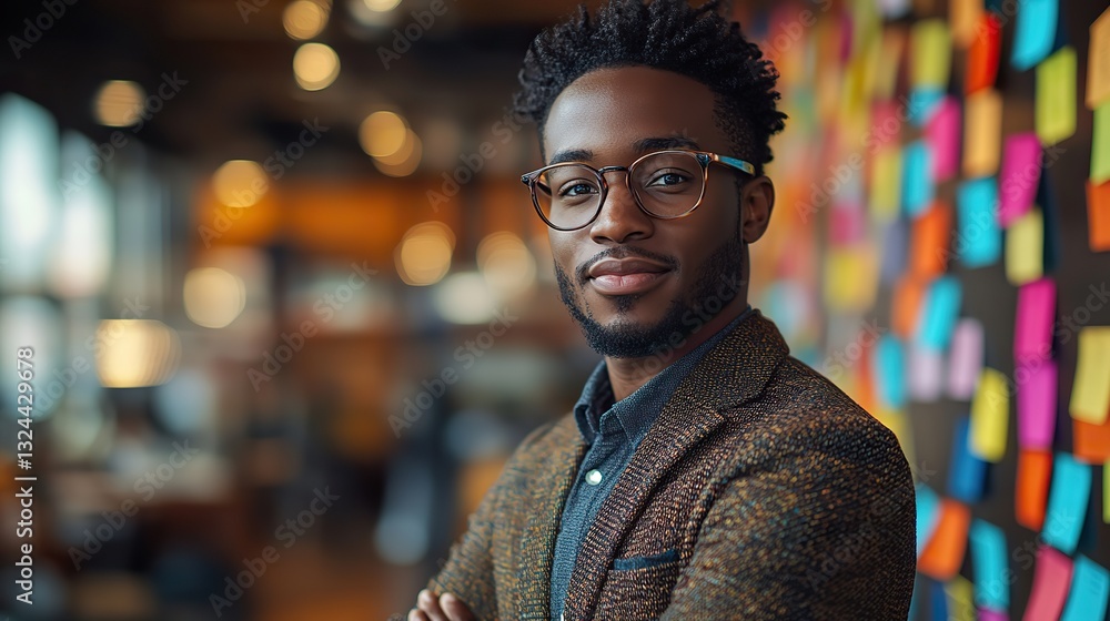 Obraz premium A confident professional stands before a colorful sticky note wall, symbolizing multitasking, time management, and chaotic work deadlines.