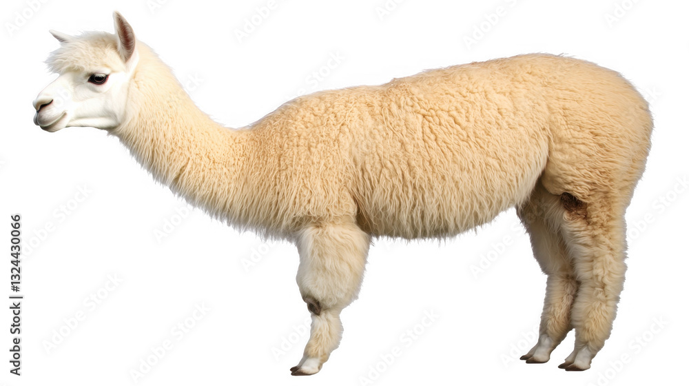 Obraz premium A charming, fluffy alpaca with creamy fur, standing elegantly isolated on a transparent background.