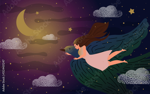 Young woman flying on a big bird of hope to the stars and moon in hopes of peace and happiness. Vector.