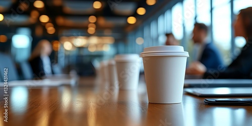 close-up of coffee cups on a table in a meeting room.
