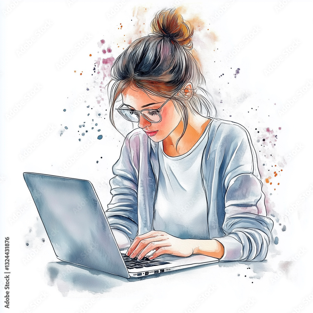 Watercolor illustration of a young woman with a laptop. Online work, learning, and communication in a cozy atmosphere. Watercolor illustration of a young woman with a laptop. Online work, learning, and communication in a cozy atmosphere.