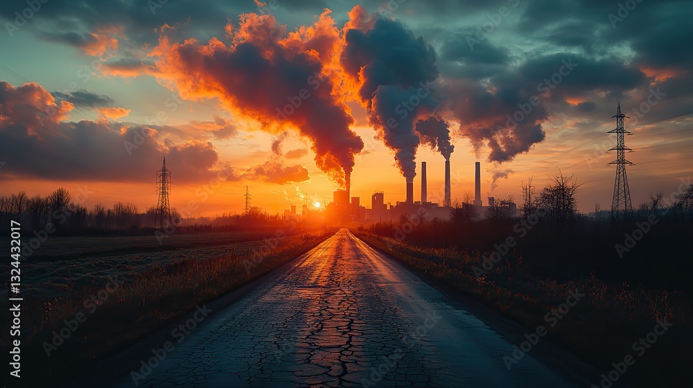 A cracked asphalt road at sunset leads to industrial smokestacks emitting dark smoke, symbolizing environmental damage and pollution's impact. A cracked asphalt road at sunset leads to industrial smokestacks emitting dark smoke, symbolizing environmental damage and pollution's impact.