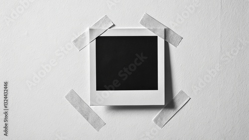 Close-up of a Polaroid instant photo frame, taped to a simple background, with a dark, empty area ready for customization photo