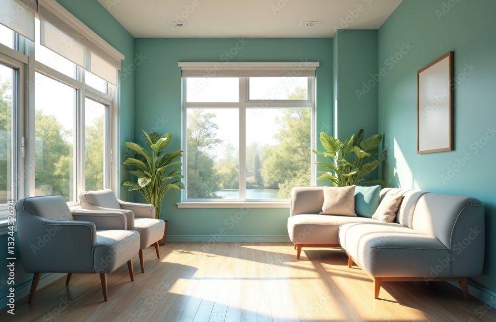 Comfortable waiting area with stylish armchairs, sofa. Soothing colors, sunlight create calming atmosphere inside hall for patients, clients, visitors in pro office. Medical interior with elegant Comfortable waiting area with stylish armchairs, sofa. Soothing colors, sunlight create calming atmosphere inside hall for patients, clients, visitors in pro office. Medical interior with elegant